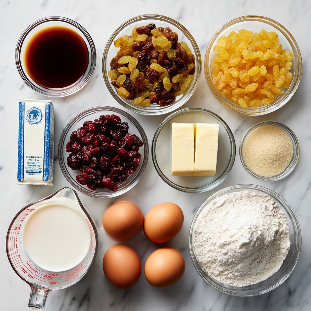 The image shows ten cooking ingredients arranged neatly on a white marbled surface. Starting from the top left, there is a small glass bowl filled with a dark brown liquid, next to a larger glass bowl full of golden and greenish raisins. To the right, two small glass bowls hold light beige granules and clear water. Below them, a stick of butter in a blue and white Darigold wrapper sits horizontally. Beneath the raisins, there is a medium glass bowl with deep red dried cranberries, and below it, a similar bowl filled with a white powdery substance is placed. Three brown eggs are lined up horizontally under the butter. At the bottom left, a glass measuring cup contains milk with red measurement markings, and to the right, a large glass bowl is filled with white flour. Photo taken with an iphone --ar 4:5 --v 7