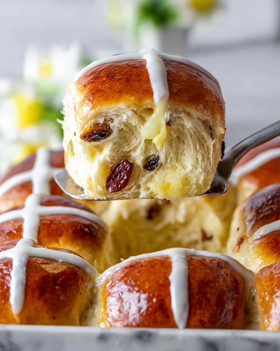 A close-up of a hot cross bun being lifted above a tray of similar buns, showing one bun with a smooth, shiny light brown top layer marked with a white icing cross, and a soft, fluffy inside with a pale yellow color and visible dark and light dried fruit pieces embedded in the bread; below, the other buns have the same shiny brown tops with white crosses, all set on a white marbled surface with a blurred white and green floral background, photo taken with an iphone --ar 4:5 --v 7