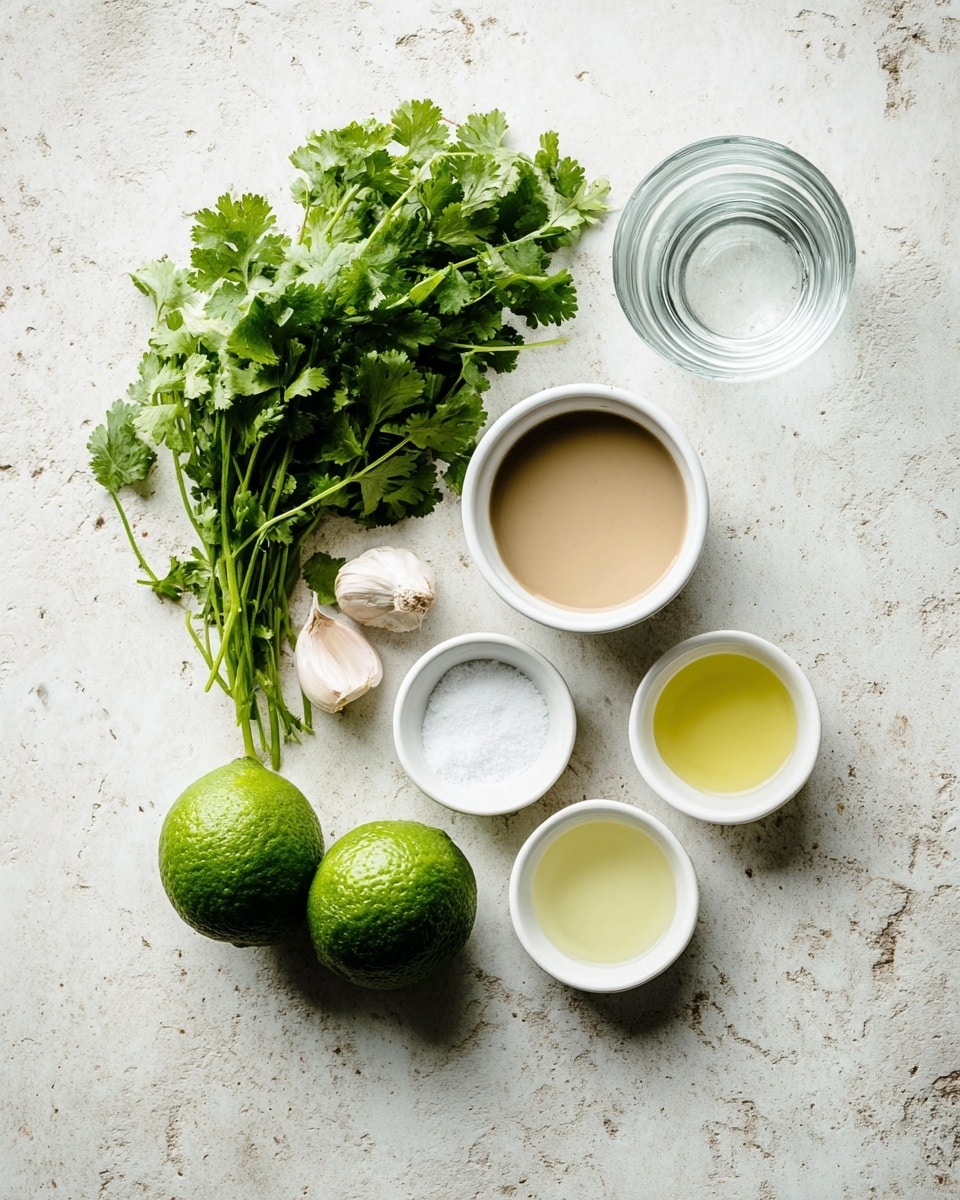 The image shows a collection of ingredients arranged on a white marbled surface. At the top left, there is a bunch of fresh green cilantro with visible leaves and stems. Below it, there are two cloves of garlic and two whole bright green limes with textured skin. Next to the cilantro, there is a small white bowl filled with a light brown creamy sauce. Surrounding these, there are three more small white bowls each with different liquids or powders: one with white salt, one with a yellow liquid, and one with a pale translucent liquid. In the top right corner is a clear empty glass. The setup is bright with soft natural light highlighting the textures and colors of the ingredients. photo taken with an iphone --ar 4:5 --v 7