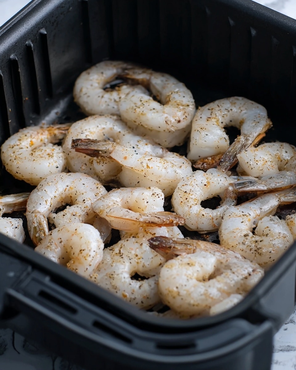 A close-up view of raw shrimp with a light white and slightly translucent color, seasoned with black and brown specks, arranged in a single layer inside a black air fryer basket with small holes and vertical slits on the sides, placed on a white marbled surface. The shrimp tails are dark and positioned on the edges of each shrimp, while the shrimp bodies are curled. Some shrimp overlap slightly but mostly lie flat against the basket bottom. Photo taken with an iphone --ar 4:5 --v 7