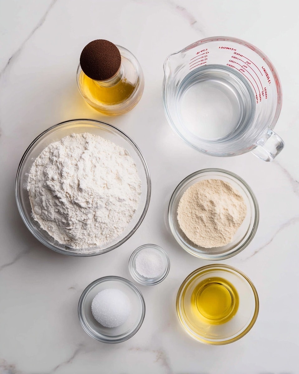 The image shows seven clear glass containers with different ingredients placed on a white marbled surface. Starting from the bottom left, there is a large glass bowl filled with white flour. Above it, a glass bottle with a golden liquid, likely oil, is positioned with a dark brown cork top. In the middle at the top, there is a small glass bowl with light beige yeast powder. To the right of the yeast, a larger clear measuring cup filled with water sits near the top right corner, showing red measurement markings. Below the measuring cup, a small glass bowl holds white granulated sugar, and next to it on the left, a smaller bowl contains fine salt. Finally, at the bottom right, a glass bowl contains a clear yellowish liquid, probably egg whites or oil. All items are arranged neatly and evenly spaced. Photo taken with an iphone --ar 4:5 --v 7