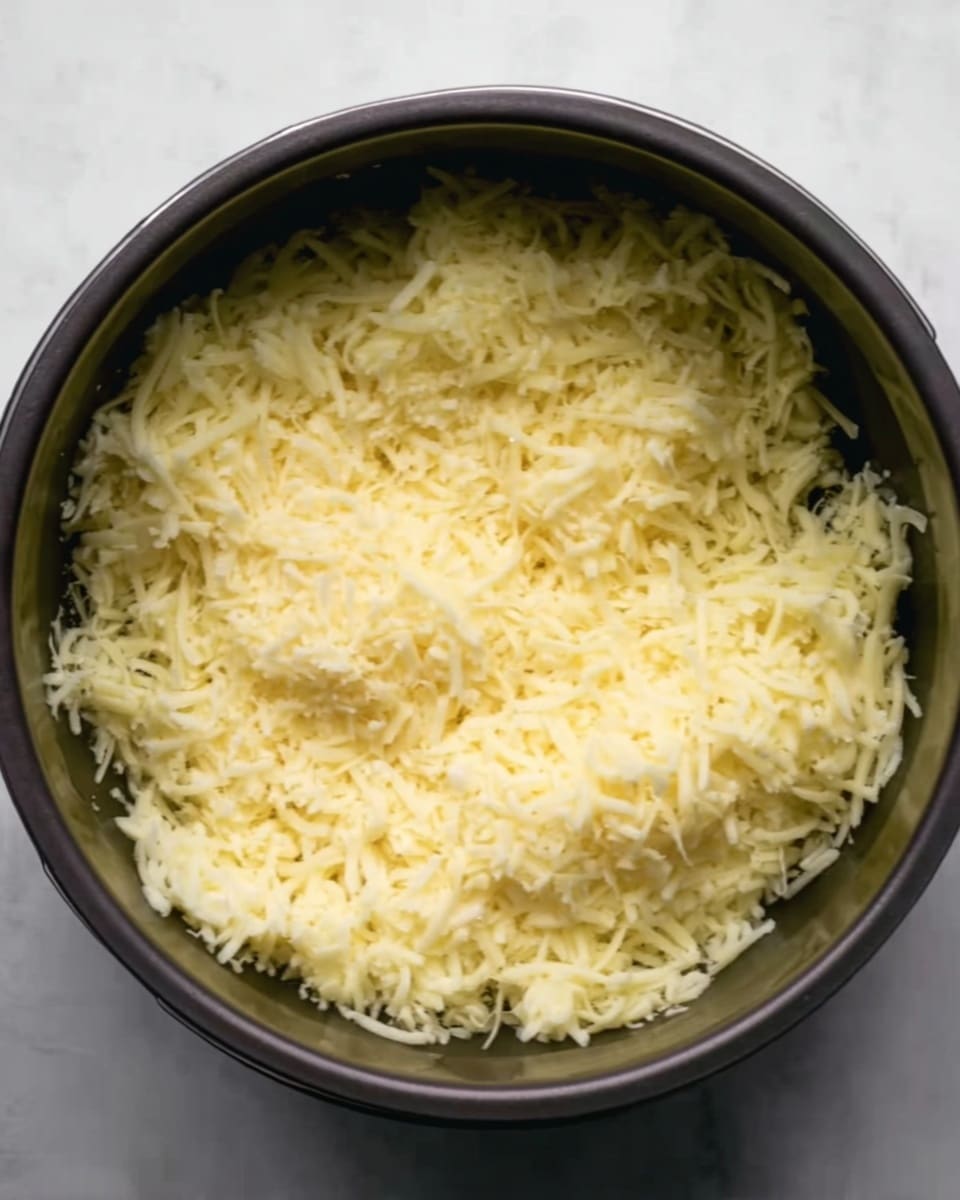 A dark cooking pot filled with a single layer of finely shredded pale yellow cheese, evenly spread across the bottom. The cheese texture shows a mix of thin, soft strands with slightly larger chunks scattered throughout. The pot sits on a white marbled surface, with the cheese looking fresh and slightly fluffy. Photo taken with an iphone --ar 4:5 --v 7