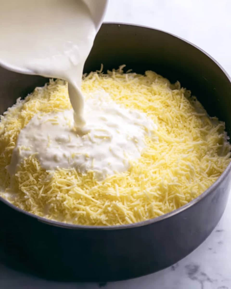 A close-up image showing a dark pot filled with a layer of shredded yellow cheese at the bottom. A white creamy sauce is being poured from a white bowl into the center of the cheese, creating a contrast between the smooth, thick white sauce and the fine textured yellow cheese around it. The scene is set on a white marbled surface, adding a soft and clean background to the cooking process photo taken with an iphone --ar 4:5 --v 7