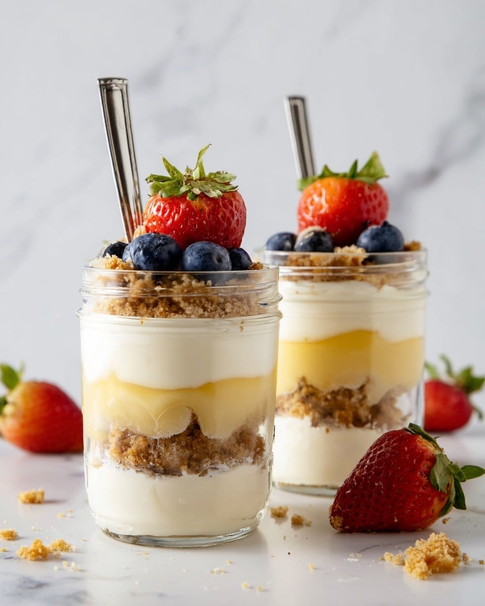 Two clear glass jars filled with layered dessert stand on a white marbled surface. Each jar has five visible layers: the bottom layer is creamy white, followed by a smooth yellow layer, then a light brown crumbly layer, another thick creamy white layer above, and topped again with a crumbly layer. Fresh blueberries scatter on the upper crumb layer, and each jar is decorated with a halved bright red strawberry with green leaves on top. Thin metal spoons stick out from the back of the jars. The scene is bright and clean, with some crumbs and a few strawberries placed around the jars. photo taken with an iphone --ar 4:5 --v 7