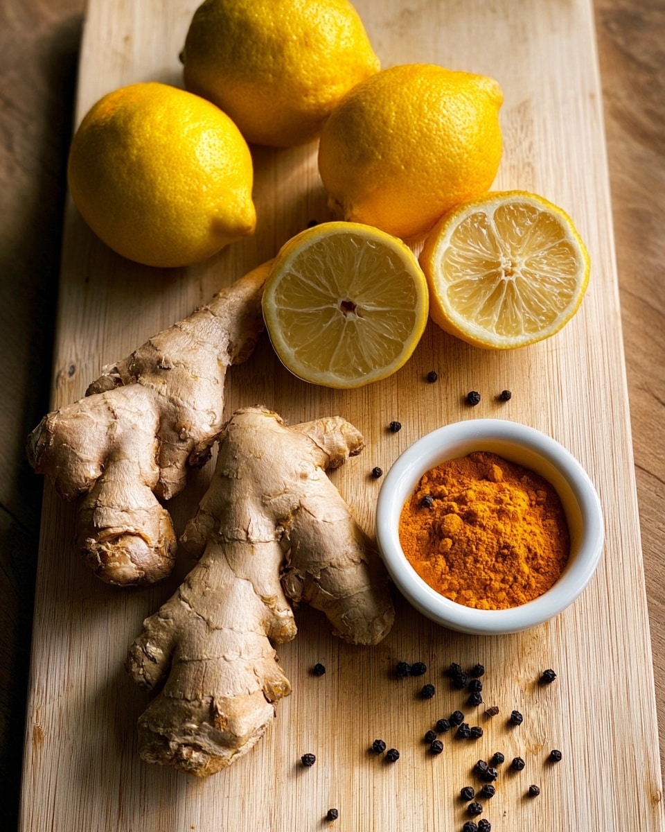 The image shows three large pieces of fresh ginger root laid out on a light wooden cutting board with a smooth texture. Near the top are three whole bright yellow lemons, two cut in half revealing their juicy, segmented insides. A small white bowl filled with bright orange turmeric powder is placed near the center, and a few scattered black peppercorns are seen on the board around the ingredients. The scene is lit naturally, highlighting the different textures and vibrant colors of ginger, lemon, and turmeric photo taken with an iphone --ar 4:5 --v 7