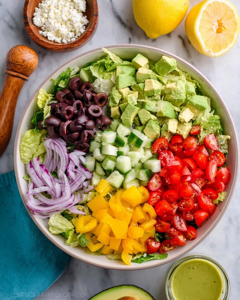 A large white bowl filled with a fresh salad arranged in separate sections: bright green chopped lettuce forms the base around the edge, with diced green avocado pieces above it. Dark purple sliced olives sit next to the avocado, followed by bright yellow chopped bell peppers. Below the peppers, there are vibrant red halved cherry tomatoes on the lettuce bed. On the left side, small green cucumber chunks are placed, with thin strands of purple-red onion beside them, a small wooden bowl of white crumbled cheese, and a glass bowl of green dressing in the center. The bowl rests on a white marbled surface, with a whole avocado and a wooden lemon juicer with a halved lemon nearby. Photo taken with an iphone --ar 4:5 --v 7
