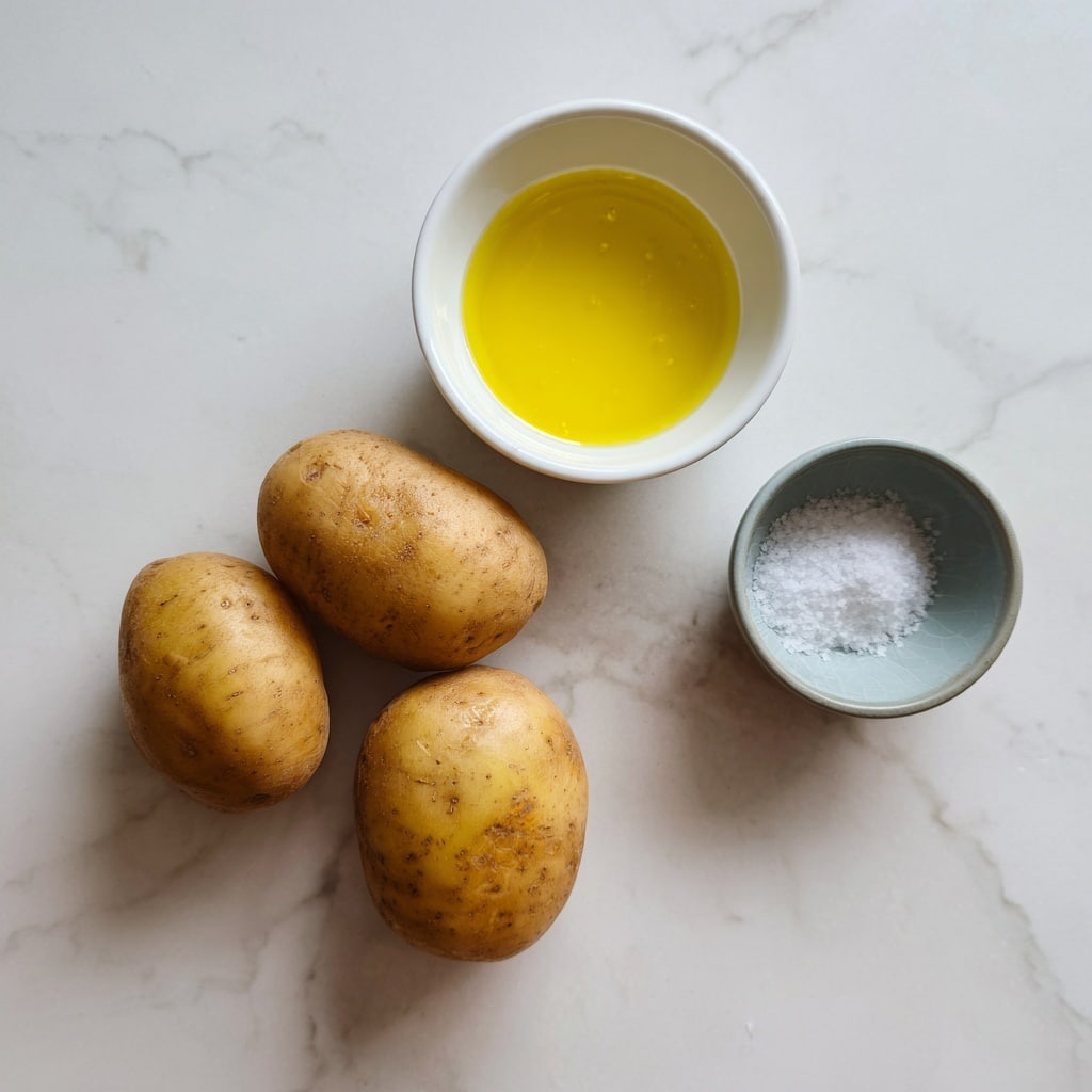 Three brown potatoes are placed close together on a white marbled surface. Above and slightly to the left of the potatoes is a small white bowl with yellow melted ghee. To the right of the ghee is a small gray bowl filled with white salt. The scene is well lit and focuses simply on the ingredients. Photo taken with an iphone --ar 4:5 --v 7