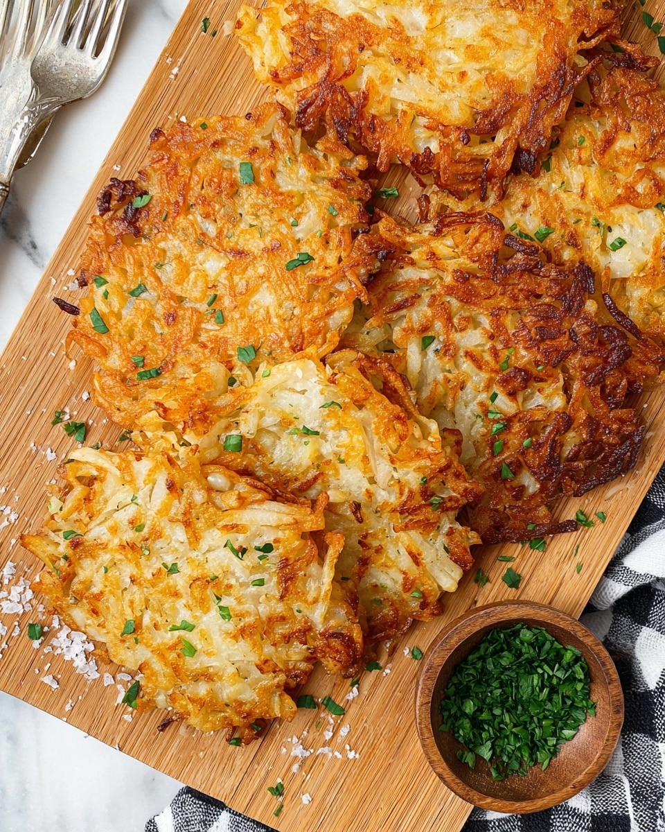 The image shows one golden-brown potato pancake with a slightly crispy texture on a white plate that has thin ridges for added detail. On top of the pancake is a dollop of white sour cream garnished with small green herb pieces. A silver fork holds a small piece of the pancake close to the front, showing the soft inside with shredded potato strands. In the background, there is a small wooden bowl filled with fresh green herbs, all set on a white marbled surface. Photo taken with an iphone --ar 4:5 --v 7