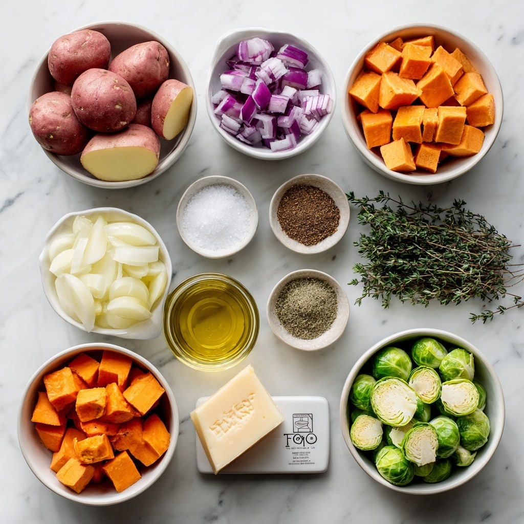 The image shows eight white bowls and a small glass container arranged on a white marbled surface. From the top left, a bowl holds quartered red potatoes with reddish-pink skin and pale yellow flesh. Next to it is a bowl with bright orange sweet potato cubes. To the right, a bowl contains chopped purple and white onion pieces. Below the sweet potatoes, there is a small white bowl with coarse salt and black pepper. To the left of it, another small white bowl holds dried seasonings in three sections of brown and green herbs. A small glass container with golden-yellow oil is placed near the center. Below the oil, a fresh green thyme bunch lies on the surface. At the bottom right, a bowl is filled with halved bright green Brussels sprouts with white inner layers visible. At the bottom left, a bowl contains orange carrot pieces cut into small chunks. A triangular block of parmesan cheese labeled