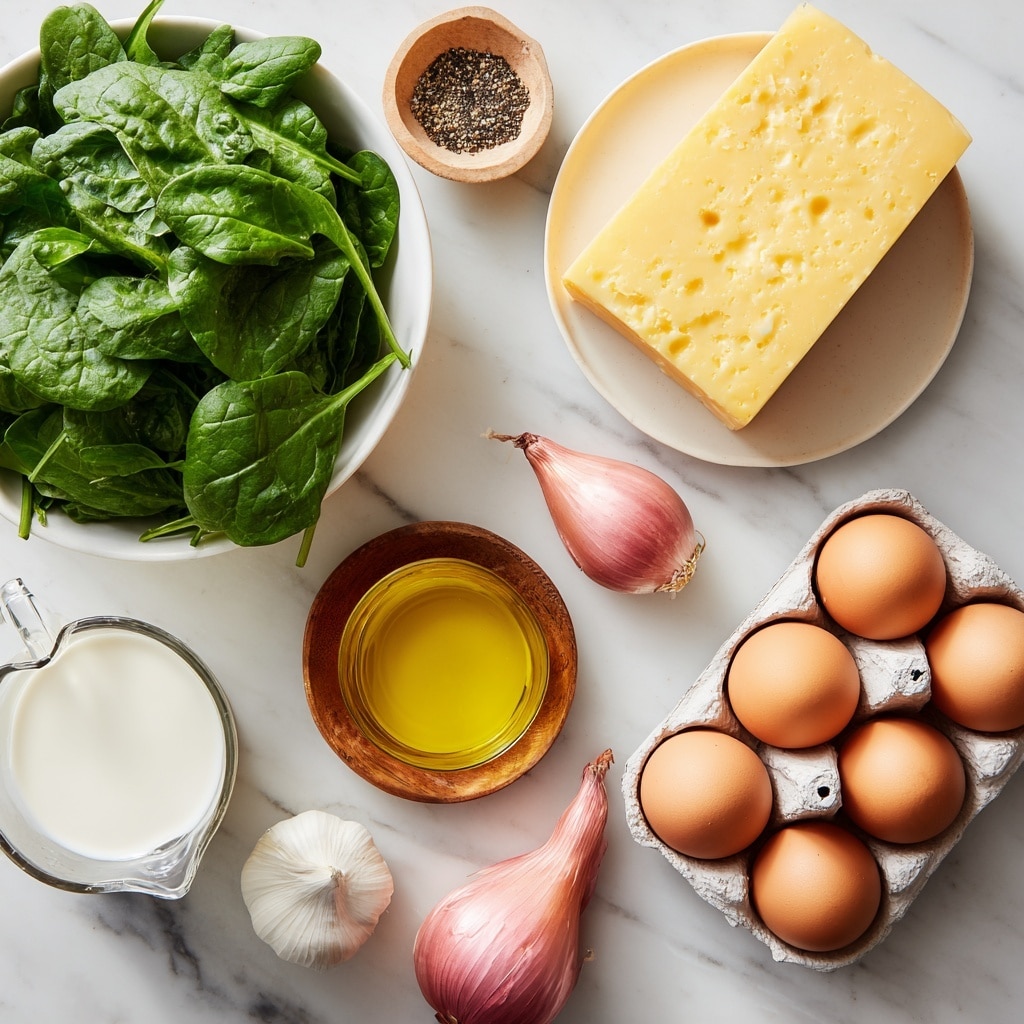 A white bowl full of fresh green spinach leaves sits at the top left, next to a small white plate holding a large yellow block of Gruyere cheese. Below the bowl, a small round wooden dish shows salt and black pepper, beside a small white bowl with bright yellow olive oil. In the center is a white egg carton with six brown eggs. To the right, near the bottom, are three pinkish shallots with shiny skins. At the bottom left, a clear glass measuring cup contains white heavy cream, and above it, a white garlic bulb rests on the white marbled surface. All items are neatly arranged on the white marbled background photo taken with an iphone --ar 4:5 --v 7