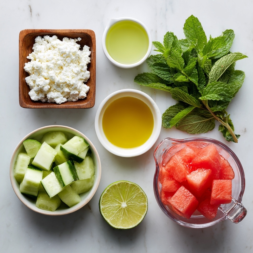 The image shows six ingredients placed on a white marbled surface. On the top left, there is a small wooden square bowl filled with white crumbled feta cheese. To the right, a bunch of green mint leaves is laid flat. Below the mint leaves, a small white round bowl contains golden yellow olive oil. On the bottom right, a clear glass measuring cup is filled with bright red watermelon cubes. To the left of the watermelon, a small white bowl holds light green cucumber chunks cut into thick pieces. Finally, on the bottom left, there are two lime halves next to a small white cup filled with light green lime juice. Each ingredient is labeled in bold black text with quantities. The photo taken with an iphone --ar 4:5 --v 7