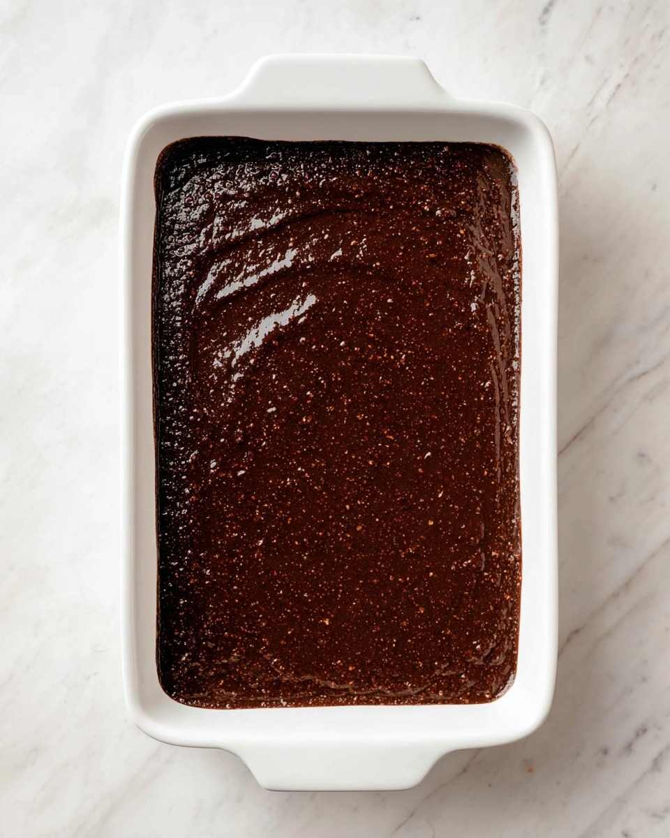 A rectangular white baking dish filled with one thick layer of dark brown chocolate batter. The surface is smooth with tiny visible bits creating a slightly textured look. The dish is placed on a white marbled textured surface, and the lighting highlights the shiny, moist texture of the batter. Photo taken with an iphone --ar 4:5 --v 7