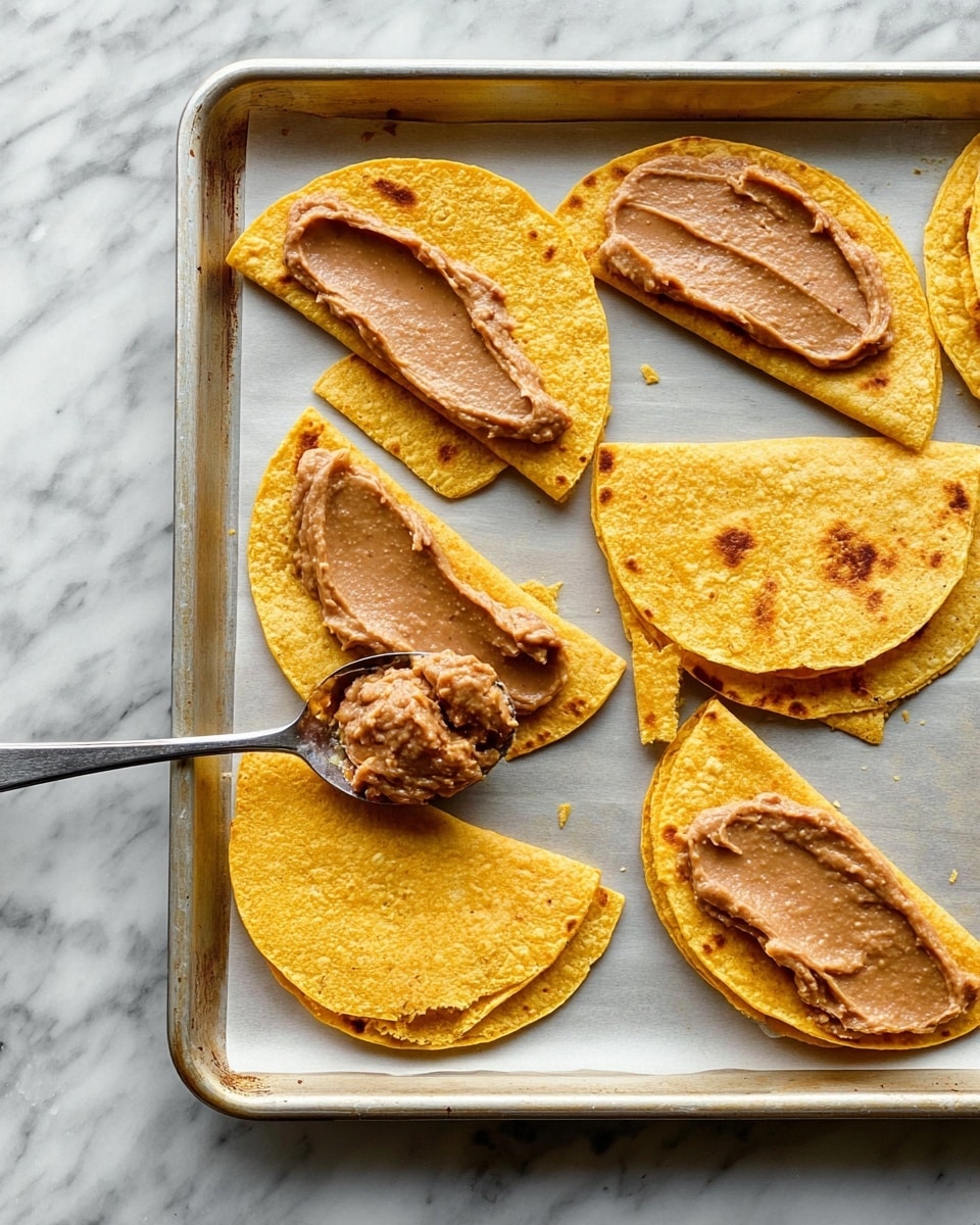 The image shows eight half-circle shaped crispy tortillas, with five of them spread with a thick layer of light brown refried beans that have a smooth yet slightly chunky texture. A spoon with some beans on it rests on one of the tortillas, suggesting beans are being spread. The tortillas are placed on a baking sheet lined with parchment paper, which is on a white marbled surface. The tortillas have a golden yellow color with some darker toasted areas, and the beans create a soft, matte contrast. Photo taken with an iphone --ar 4:5 --v 7