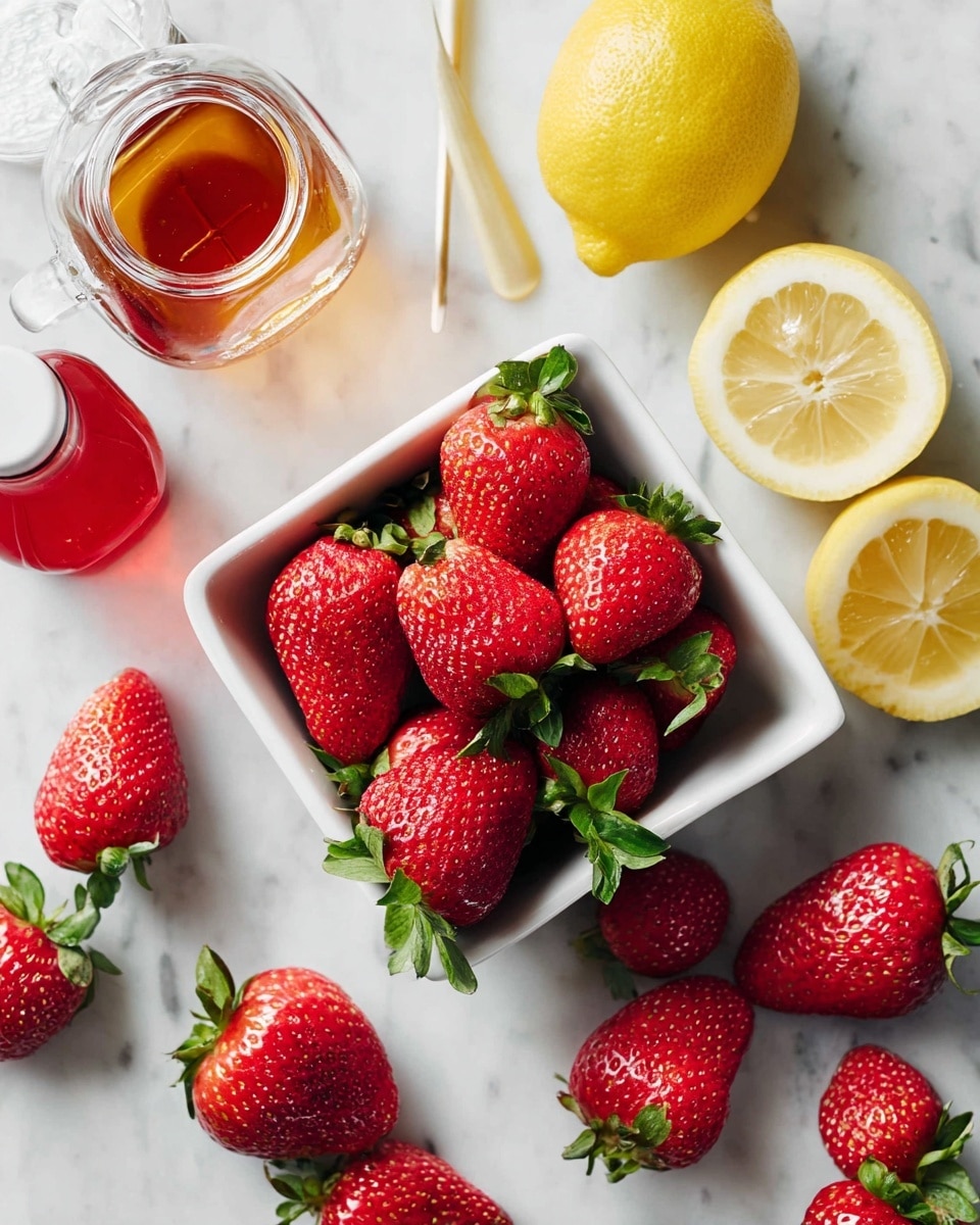 A white square bowl filled with bright red strawberries with green leaves sits centered on a white marbled surface. Around the bowl are more scattered strawberries, all fresh and some partially cut. To the upper right of the bowl is a whole yellow lemon leaning against a clear glass juicer, with half a lemon placed next to it showing its juicy, light yellow interior. To the upper left is a small clear jar filled with amber syrup. At the bottom left, a red-topped bottle lies near some strawberries, adding a pop of color contrast. The whole setup is bright and fresh with natural light. photo taken with an iphone --ar 4:5 --v 7