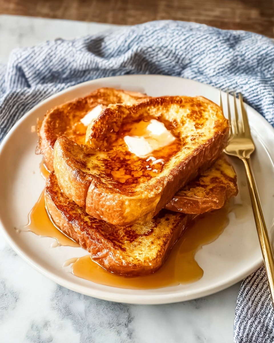 A white round plate sits on a white marbled surface, holding three thick slices of golden-brown French toast stacked in a slight overlap. Each slice shows a crispy outer texture with soft insides visible at the edges. Small pools of melted butter rest on top, partially soaked into the toast, and a warm amber syrup drips from the stack onto the plate, adding a shiny glaze effect. To the right of the plate, a gold fork rests on a soft, blue-and-white striped cloth. Photo taken with an iphone --ar 4:5 --v 7