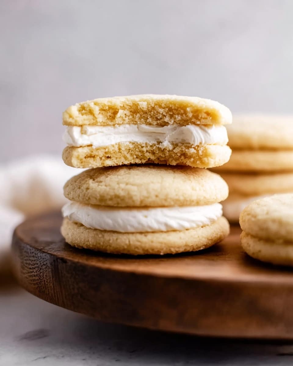 A close-up view of soft, pale golden sandwich cookies filled with a thick layer of white cream. One cookie is stacked on top of another, with the top cookie broken in half to show a soft, crumbly texture inside and the smooth cream filling in the middle. The cookies sit on a round wooden cake stand with a dark brown finish. The background is a white marbled texture with soft light, giving a clean and simple look. Photo taken with an iphone --ar 4:5 --v 7