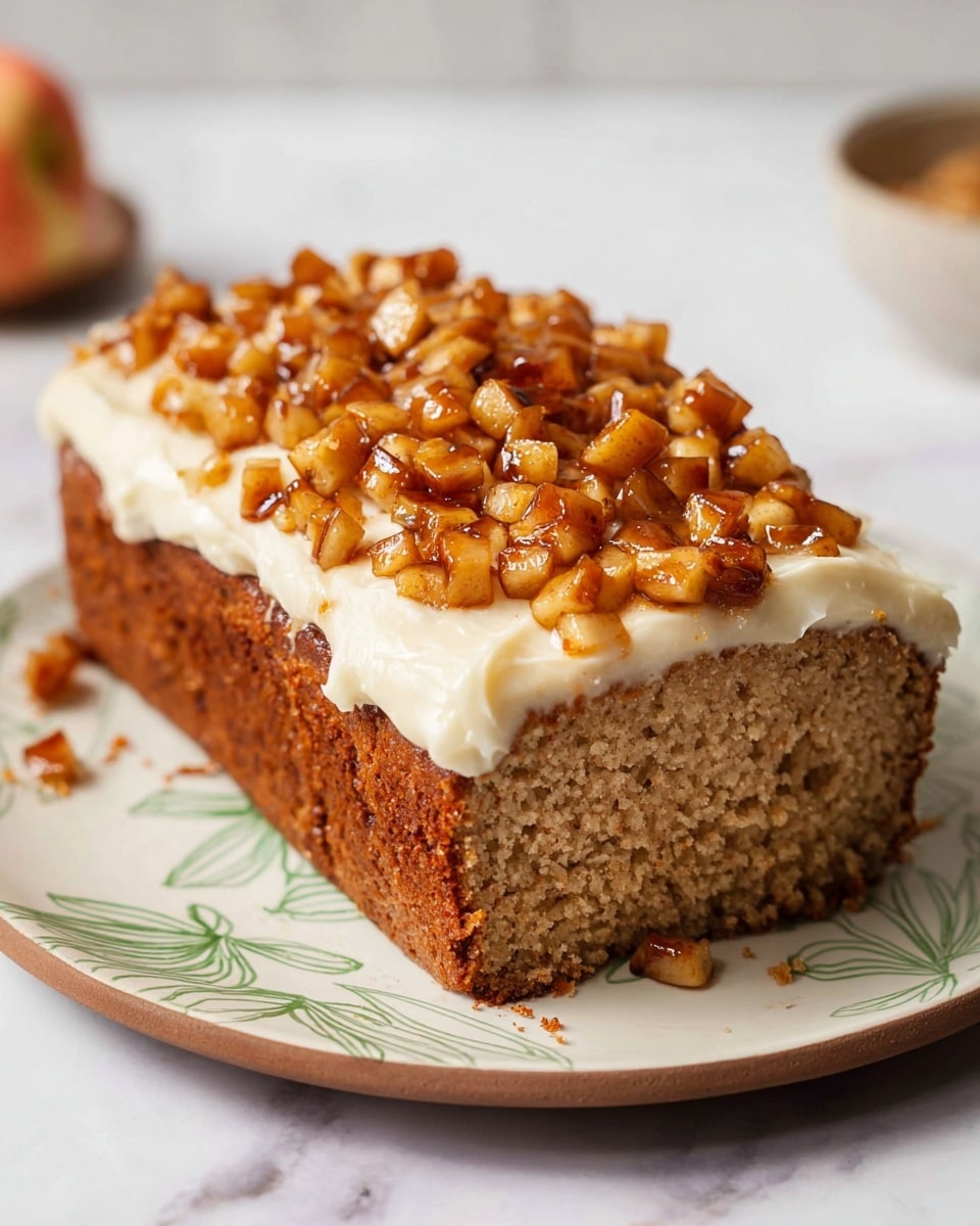 A single slice of a moist, light brown cake with a soft, crumbly texture sits on a small white plate with uneven edges. The cake has one layer topped with a smooth, off-white frosting and small pieces of caramelized nuts arranged along the top edge. A silver fork rests beside the cake slice on the plate. The white marbled surface below has other plates and cake slices partially visible around the main plate. Photo taken with an iphone --ar 4:5 --v 7