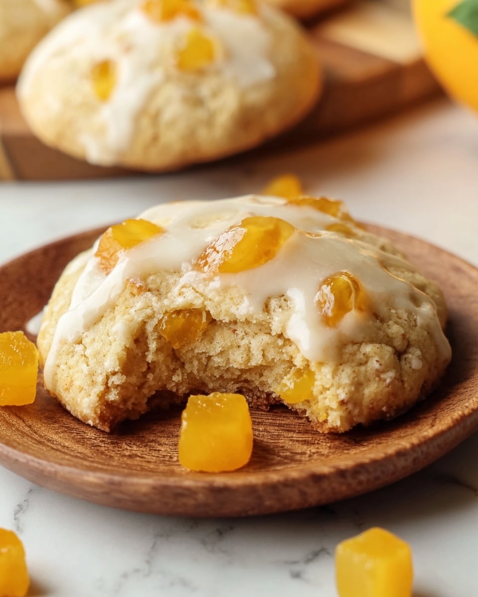 A round soft cookie with a rough surface, light golden color, and small bright orange fruit chunks inside and on top, covered by a thin layer of white icing glaze that looks smooth and shiny. The cookie is sitting on a shallow round wooden plate, surrounded by a few small cube-like pieces of the same orange fruit. In the background, there is another cookie with similar details but blurred and placed on a white marbled surface. Photo taken with an iphone --ar 4:5 --v 7