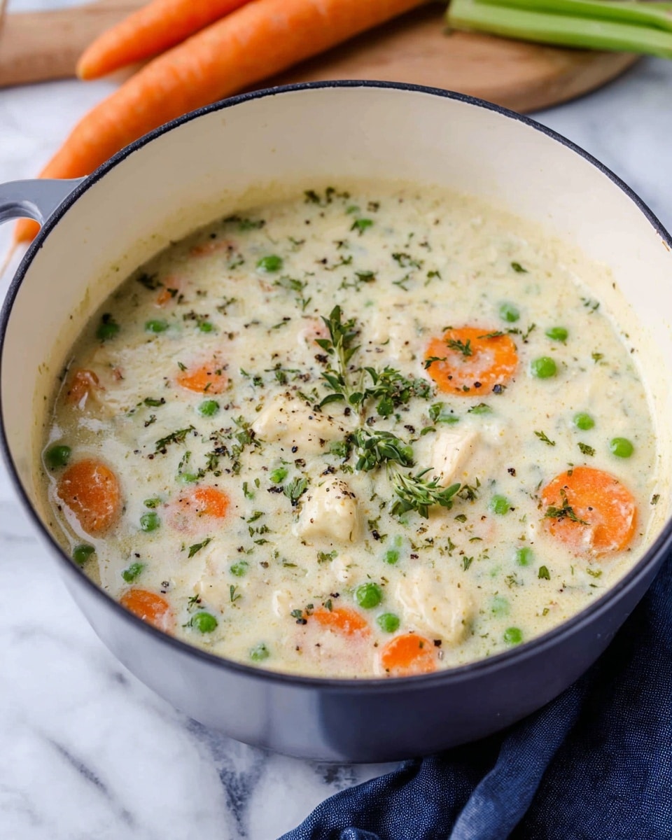 The image shows a white pot filled with thick creamy soup. Inside the soup, there are three visible layers: a creamy white broth base with a smooth texture, scattered orange carrot slices, green peas, and chunks of white meat throughout. The soup is sprinkled with small green and black herbs on top. The pot sits on a white marbled surface with some celery and two whole carrots out of focus in the background, and there is a dark blue cloth underneath one side of the pot. photo taken with an iphone --ar 4:5 --v 7