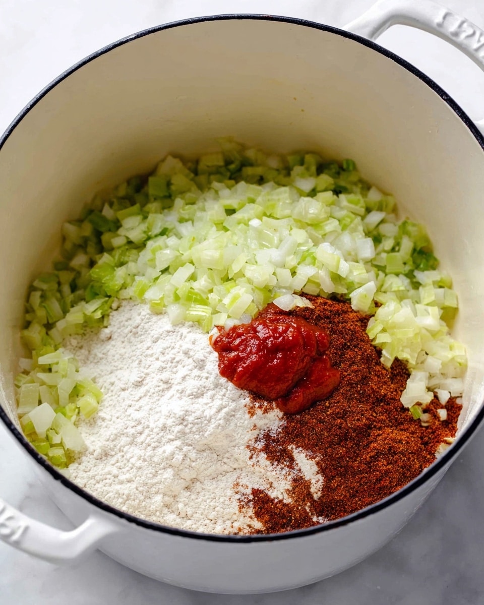 Inside a white enamel pot with a black rim, there are several ingredients arranged in separate piles. One side shows finely chopped light green celery and onion mix with a soft texture. Next to it, there is a pile of white flour with a powdery texture. Close to the flour, there is a dark brown pile of chili powder with a smooth texture. On top of the chili powder, a small amount of red tomato paste is placed, adding a thick, smooth layer with a slightly shiny surface. The pot sits on a white marbled surface. photo taken with an iphone --ar 4:5 --v 7