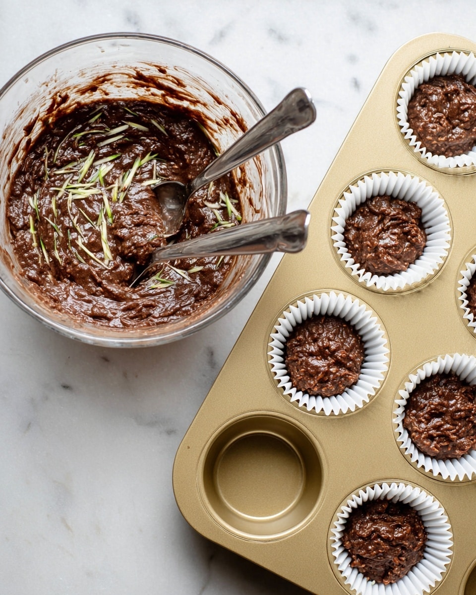 A clear glass bowl on the left side holds thick, dark brown batter mixed with visible small chunks and thin pale green and white vegetable strands. Two metal spoons rest inside the batter. To the right of the bowl is a gold muffin tray partly filled with six white paper liners; five are filled about three-quarters full with the same dark brown, chunky batter, showing a rough texture and pieces of vegetables, while one liner remains empty. The setting is on a white marbled surface. photo taken with an iphone --ar 4:5 --v 7