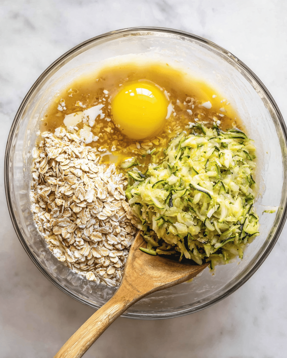 A clear glass bowl sits on a white marbled surface, holding several unmixed ingredients. At the bottom left is a bright yellow egg yolk surrounded by an egg white, next to a beige creamy liquid, likely honey or syrup. To the right and partially overlapping the egg are light brown rolled oats with a dry, rough texture. Above the oats is a pile of grated green zucchini with a fresh, moist look. A wooden spoon rests in the bowl, angled from the bottom right toward the center, touching the oats and liquid ingredients. The overall scene shows the early stage of mixing ingredients for baking photo taken with an iphone --ar 4:5 --v 7