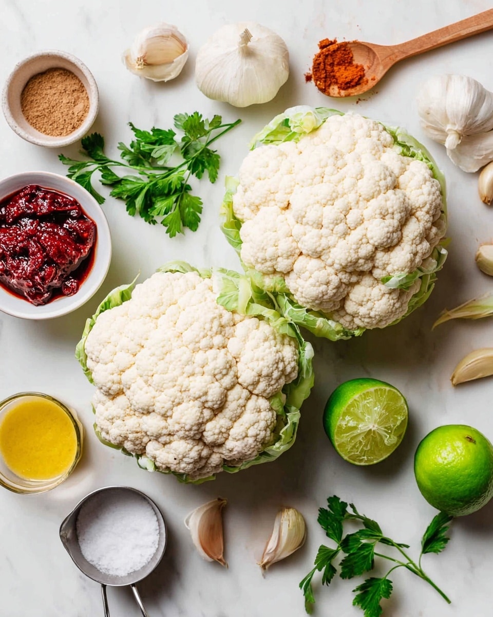 The image shows two whole heads of fresh cauliflower placed on a white marbled surface, surrounded by various ingredients. Around the cauliflower, there is a wooden spoon with brown powder, a small white bowl filled with a dark red paste, peeled garlic cloves, a metal measuring cup with more red paste, a small dish with white salt, a small dish with a yellow mustard-like sauce, a bunch of green parsley leaves, and two round, green limes—one whole and one cut in half showing its juicy interior. The ingredients are spaced evenly, creating a neat, clean layout. Photo taken with an iphone --ar 4:5 --v 7