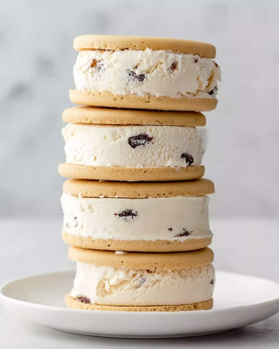 Five ice cream sandwiches are stacked inside a dark metal rectangular tray lined with white parchment paper. Each sandwich has two light tan round cookies with a smooth texture enclosing a thick layer of off-white ice cream. Small dark and brown specks can be seen scattered throughout the ice cream layers. The tray rests on a white marbled surface. photo taken with an iphone --ar 4:5 --v 7