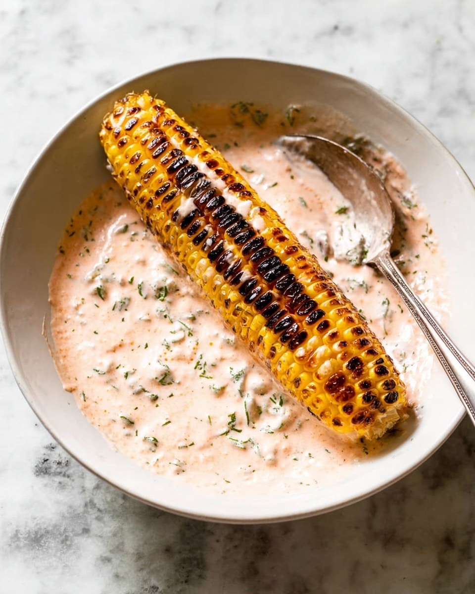 A white bowl holds a single grilled corn on the cob with dark brown and black grill marks evenly spread across the yellow kernels. The corn is partially covered with a pale pink creamy sauce mixed with green herbs, which also coats the bottom of the bowl in a thick layer. A silver spoon rests on the sauce inside the bowl. The background is a white marbled texture. Photo taken with an iphone --ar 4:5 --v 7