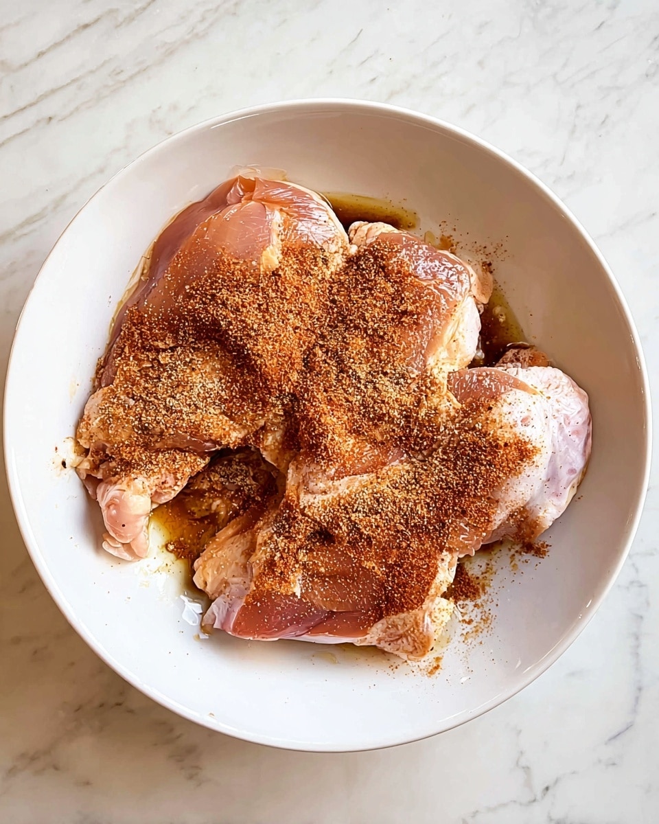 A white bowl holds several pieces of raw chicken with skin on, arranged close together. Over the chicken, there is a generous sprinkle of reddish-brown seasoning powder and a drizzle of dark brown liquid sauce. The chicken skin is pale pink with some white fat showing, while the spices add a textured layer on top. The bowl is set on a white marbled surface. photo taken with an iphone --ar 4:5 --v 7