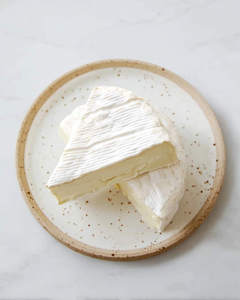 Two slices of soft white cheese with creamy texture sit on a round white plate with small brown speckles. The cheese shows thin ridges on top, and the outer layer is pale yellow and firm, while the inside is white and smooth. The plate is placed on a white marbled surface. photo taken with an iphone --ar 4:5 --v 7