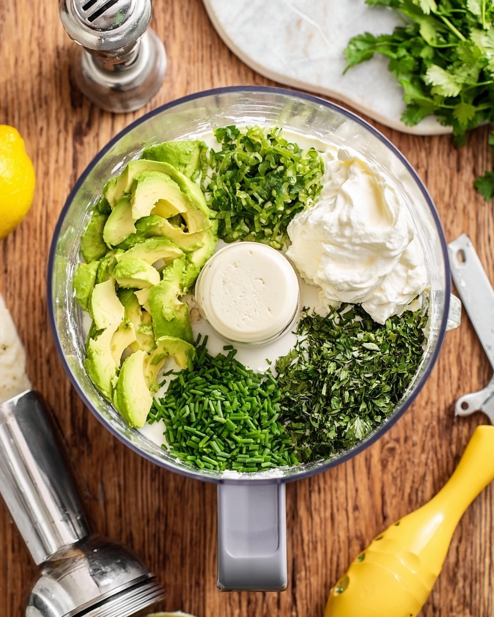 A clear food processor bowl filled with four main layers: bright green avocado slices on the left side, creamy white sour cream in the center, finely chopped dark green herbs on the right side, and finely chopped light green chives placed near the avocado. The bowl sits on a gray base on a wooden surface with kitchen tools nearby, including a metal lemon juicer with white handles and a yellow handheld lemon squeezer. The background has a white marbled texture. photo taken with an iphone --ar 4:5 --v 7