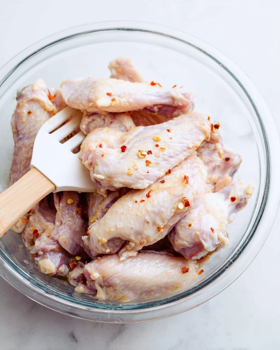 A glass bowl filled with several raw chicken wings that are light pink and white in color, mixed with small red chili flakes and seasonings giving a slight speckled texture; inside the bowl, a white silicone spatula with a wooden handle rests among the wings; all placed on a white marbled surface photo taken with an iphone --ar 4:5 --v 7