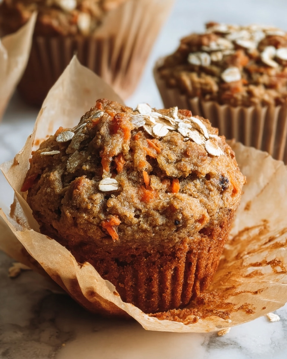 A close-up view of a single muffin with the light brown wrapper peeled down and spreading outward on a white marbled surface. The muffin itself is soft and textured with small orange carrot pieces visible throughout. The top is uneven and sprinkled with oat flakes, giving it a rustic look. Behind it, there are parts of two more muffins with similar texture and oat flake toppings, slightly out of focus. The scene is softly lit to highlight the muffin’s moist inside and crumbly top, photo taken with an iphone --ar 4:5 --v 7