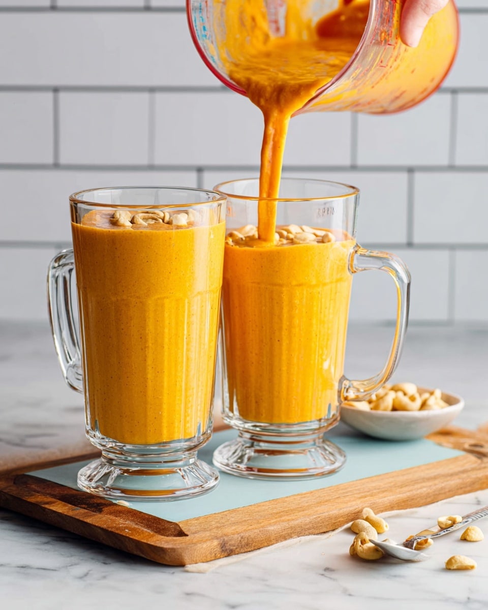 A clear glass is half full with a thick, smooth orange smoothie, and a woman's hand is pouring more of the same orange smoothie from a clear measuring cup into it; next to it, there is an identical clear glass full of the same orange smoothie topped with light cashew nuts; both glasses have handles and stand on a light blue tray that rests on a wooden board, with a white marbled surface underneath and white tiled wall in the background. photo taken with an iphone --ar 4:5 --v 7