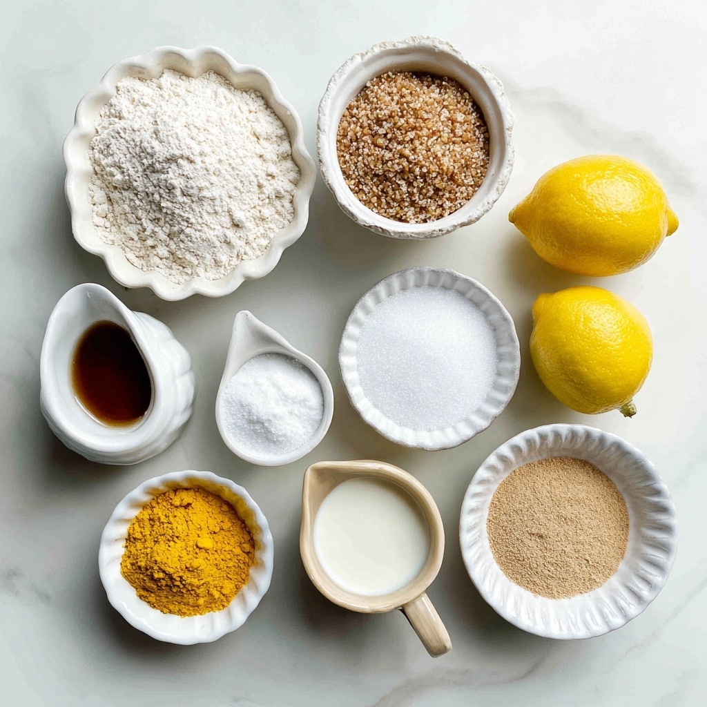 Top view of various white bowls and small white cups arranged on a white marbled surface, each holding different ingredients: white oat flour with a fine texture in a scalloped bowl, white granulated sugar in a smooth round bowl, brown flaxseed meal in another scalloped bowl, solid white coconut oil in a small round bowl, white coconut milk in a similar bowl, fine white corn starch in a scalloped bowl, white soy milk in a small white pitcher, bright yellow turmeric powder in a tiny bowl, light brown agar powder in a small bowl, and two whole bright yellow lemons placed near the soy milk pitcher. Each ingredient is neatly contained and distinct, creating a clean and organized look photo taken with an iphone --ar 4:5 --v 7