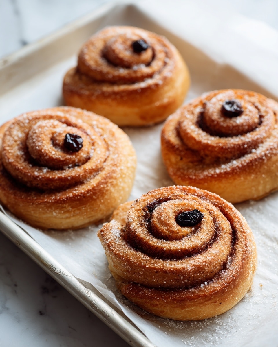 There are four cinnamon roll shaped pastries on a white baking sheet with parchment paper. Each pastry has multiple visible layers of golden brown dough rolled tightly in spiral shapes, dusted with a light layer of sugar granules giving a slightly sparkly look. One of the pastries has a small dark raisin or nut on top. The baking sheet rests on a white marbled surface with soft natural light shining from above. The image focuses closely on the pastries showing their texture and sugar coating photo taken with an iphone --ar 4:5 --v 7