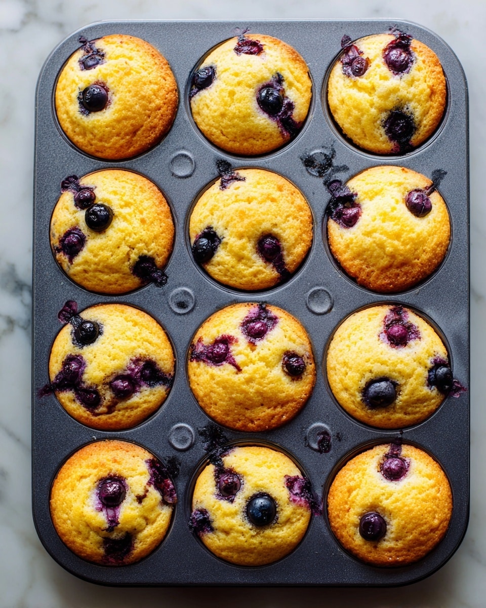 A close-up top view of a dark gray muffin tray filled with fifteen blueberry muffins, each muffin having a yellow soft texture with dark blue and purple baked blueberries spread unevenly on top, the berries showing slight bursting and juice stains on the muffins. The tray rests on a white marbled surface in bright natural light. photo taken with an iphone --ar 4:5 --v 7