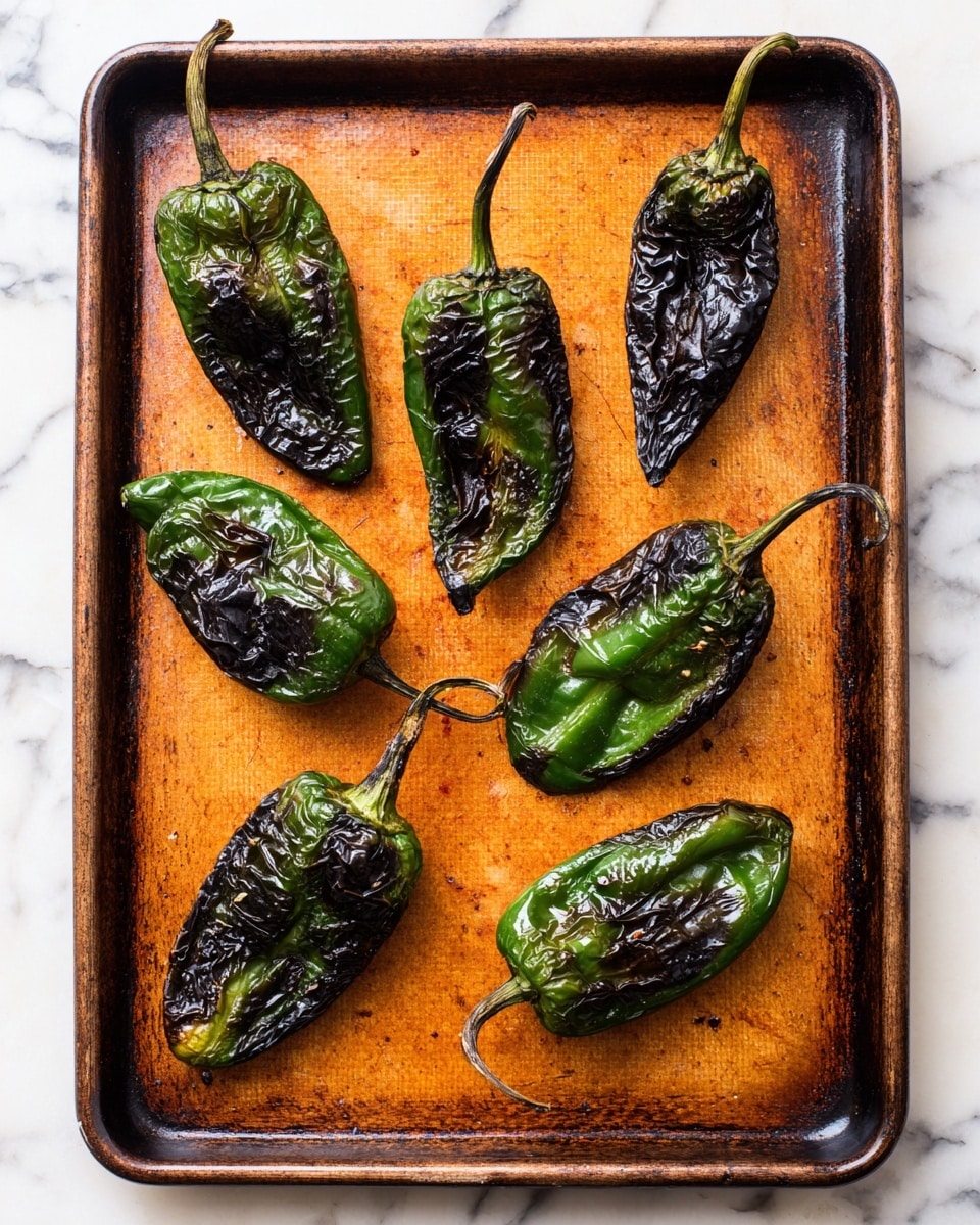 The image shows six roasted green peppers placed on a well-used orange baking mat inside a dark metal baking tray. Each pepper is charred with blackened, wrinkled skin and has a green stem still attached. The peppers vary slightly in size and shape, arranged evenly across the middle of the tray. The surface beneath the tray has a white marbled texture. Photo taken with an iphone --ar 4:5 --v 7