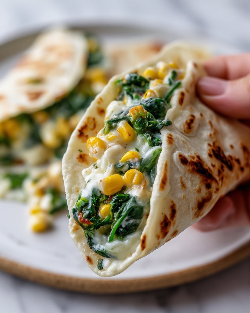 A close-up image of a small folded tortilla held by a woman's hand, filled with a creamy mixture that has visible soft white sauce, dark green leafy vegetables, and bright yellow corn kernels, all giving a rich and smooth texture. The tortilla is slightly toasted with light brown spots and folds open around the filling. In the blurred background, part of a white plate holds more of the same creamy mixture with corn and greens. The whole scene is set on a white marbled surface. photo taken with an iphone --ar 4:5 --v 7