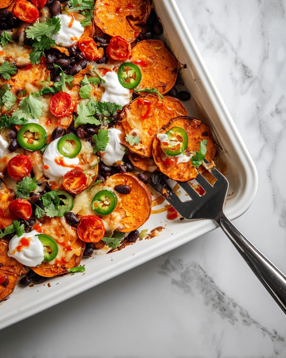 A baking tray filled with a single layer of round orange sweet potato slices, each topped with melted white cheese. Scattered over the cheese are dark black beans, bright red quartered cherry tomatoes, and fresh green jalapeño slices with visible seeds. The whole dish is lightly sprinkled with small green herb bits, and some cheese has melted onto the tray edges, creating a slightly bubbly texture. The tray sits on a white marbled surface photo taken with an iphone --ar 4:5 --v 7