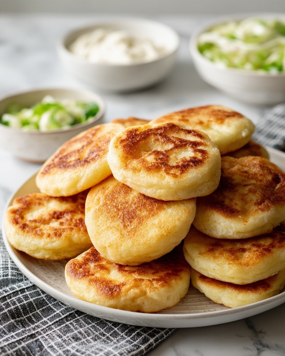 Three round, golden brown pancakes are arranged in a line on a white plate with a white marbled texture surface. Each pancake has a small topping of light green kiwi pieces and pale yellow banana chunks. The pancakes sit on a smooth, thick white cream layer that spreads beneath them, with a light drizzle of translucent golden syrup over the fruit and around the plate. The pancakes have a soft, slightly browned texture on top, contrasting with the fresh fruit. Photo taken with an iphone --ar 4:5 --v 7