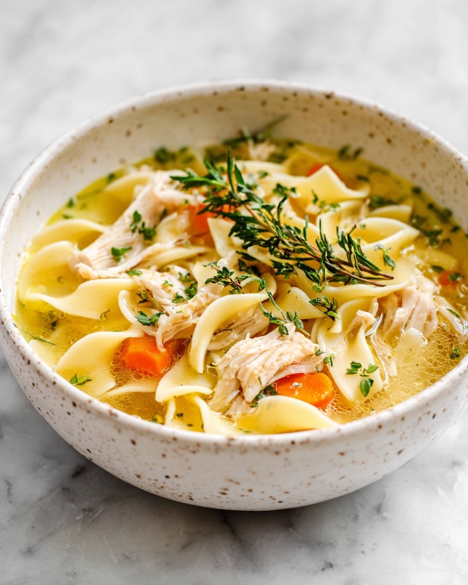 A close-up of a white speckled bowl filled with chicken noodle soup sits on a white marbled surface. Inside the bowl, there are four main layers: at the bottom, a clear golden broth with small herbs floating on it; on top of the broth, there are soft, wide, flat noodles of pale yellow color, mixed with shredded white chicken; scattered among the noodles and chicken are bright orange carrot pieces and translucent green celery chunks; finally, fresh green thyme sprigs are laid on top, adding a touch of green and texture. The scene feels warm and inviting. photo taken with an iphone --ar 4:5 --v 7