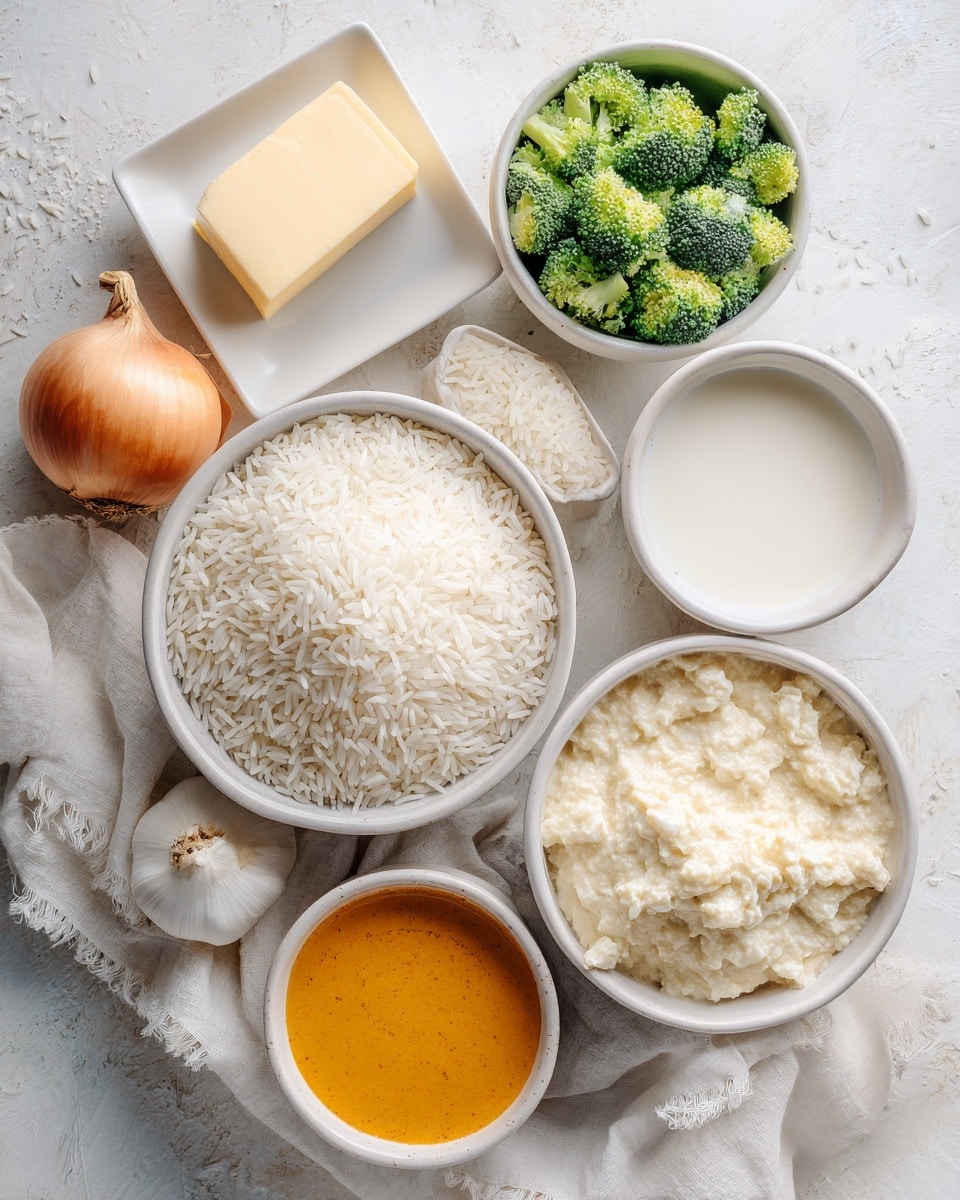 A white bowl filled with uncooked white rice sits on a white marbled surface along with a whole unpeeled onion placed next to a white cloth. Around them, five white dishes hold different ingredients: a square plate with a block of butter, a round bowl of bright orange smooth sauce, a small round bowl with white milk, a white round bowl containing finely chopped green broccoli, and another white round bowl filled with a thick, creamy mixture with small chunks. The scene is well lit, showing clear textures and fresh colors, photo taken with an iphone --ar 4:5 --v 7