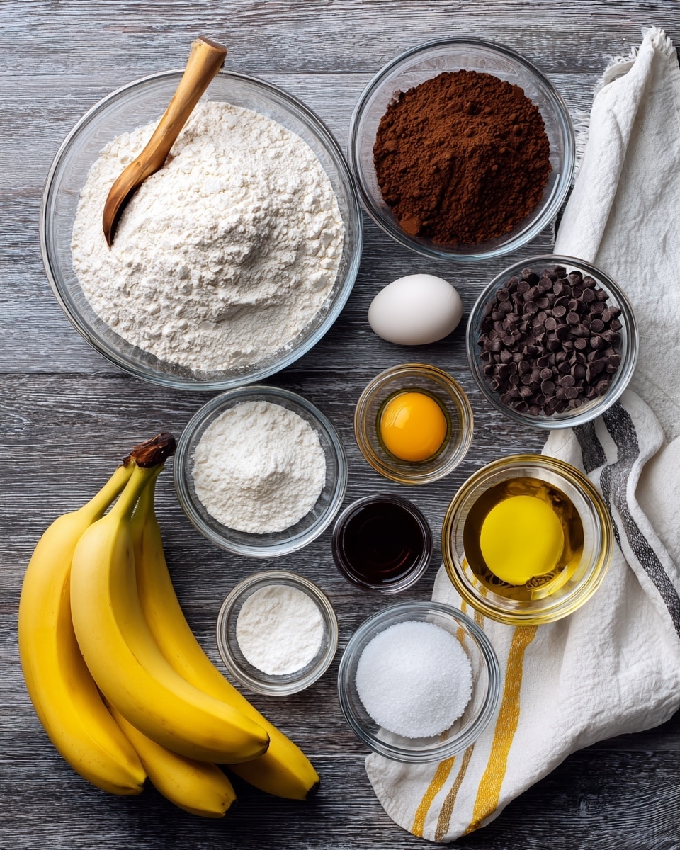 A top view of ingredients arranged for baking on a dark wood surface with a white marbled texture background, including four whole bright yellow bananas on the bottom left and right edges. In the center, there are nine clear glass bowls filled with ingredients: a large bowl of white flour with a wooden spoon resting on it, a large bowl of white sugar, a bowl of coffee-colored cocoa powder, a bowl of small dark chocolate chips, a bowl with a raw egg, a bowl of light yellow oil, a small bowl of vanilla extract, a small bowl of white salt, and another small bowl with white baking powder. A white cloth with gray and yellow stripes is partially visible on the top right. Photo taken with an iphone --ar 4:5 --v 7