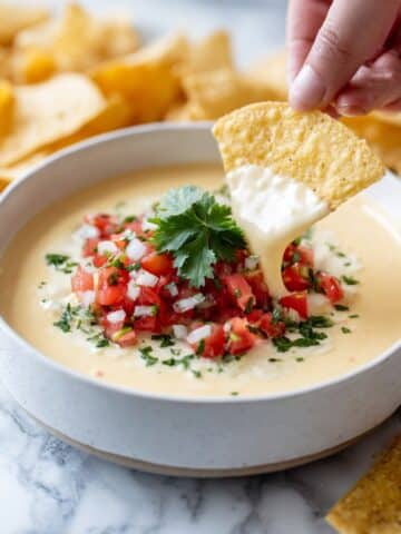 Creamy White Queso Dip with Salsa Verde and Pico de Gallo Recipe