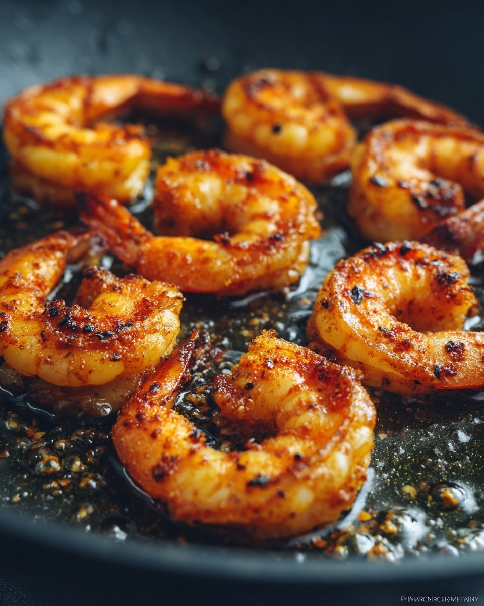 The image shows several cooked shrimp with a reddish-orange spice coating, sizzling in a gray non-stick pan. Each shrimp is curled into a
