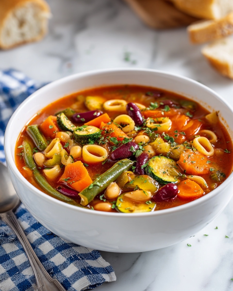 A white bowl filled with a colorful vegetable soup, layered with bright orange carrot pieces, green beans and zucchini chunks, red kidney beans, small yellow bell pepper bits, white beans, and small pasta shells, all immersed in a rich tomato-based broth. The top is sprinkled with chopped green herbs, adding a fresh touch. The bowl is placed on a white marbled surface with a blue and white checkered cloth nearby and a piece of bread in the background. A silver spoon rests beside the bowl. photo taken with an iphone --ar 4:5 --v 7