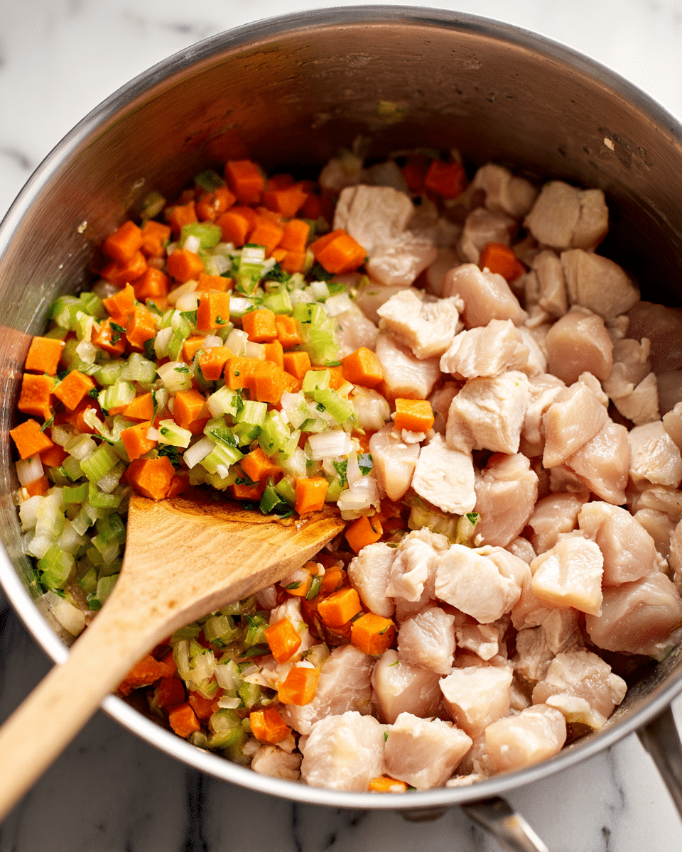 A close-up image of a cooking pot with raw diced chicken pieces that are pale pink on the right side, mixed with small chopped vegetables including bright orange carrots, light green celery, and translucent onions. A wooden spoon is partially visible inside the pot, stirring the ingredients, and some bits of vegetables stick to the pot's shiny metallic sides. The background is a white marbled surface. photo taken with an iphone --ar 4:5 --v 7