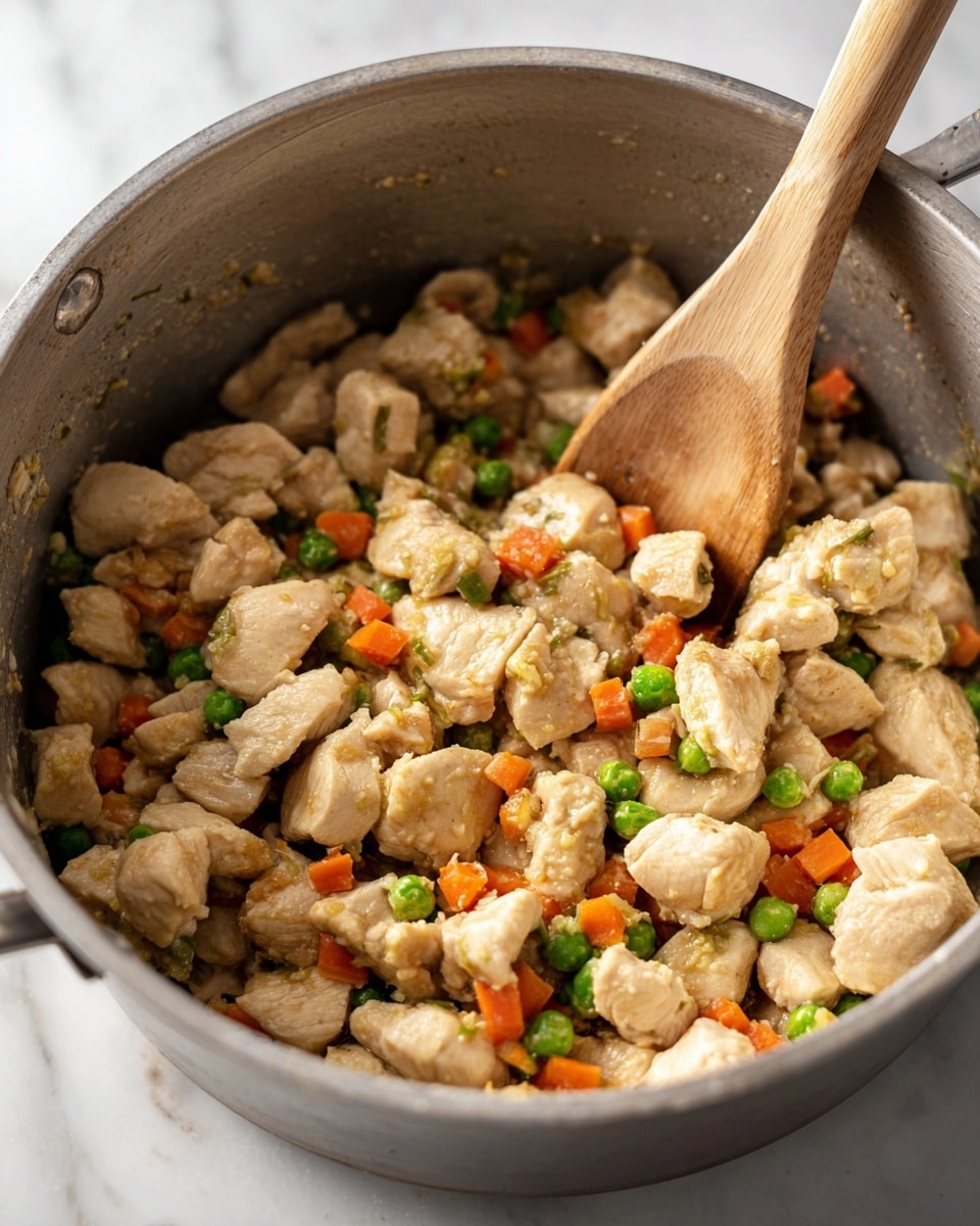 The image shows a close-up of a mix of chopped light beige chicken pieces with small green and bright orange vegetable cubes, all inside a gray cooking pot. A light wooden spoon is resting on the right side, partially submerged in the mixture. The chicken pieces are uneven in size, and the green and orange vegetables appear scattered evenly throughout the dish, giving it a colorful look. The pot has a slightly textured interior surface, and the background is a white marbled texture. photo taken with an iphone --ar 4:5 --v 7